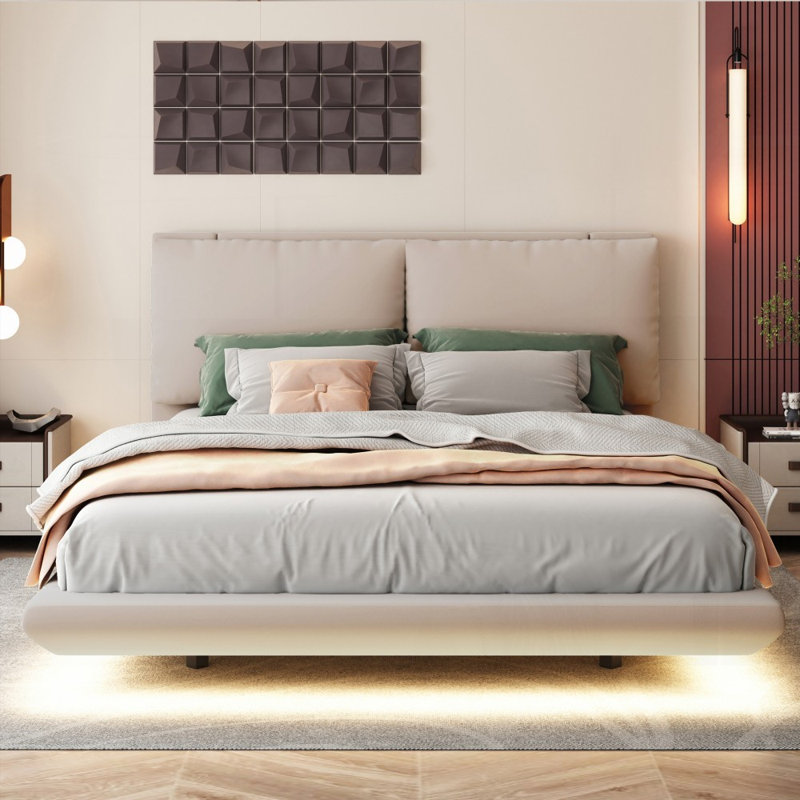 Grand lit plateforme tapissier - Aucun sommier requis, support solide et amp; Capteur de lumière!, Beige