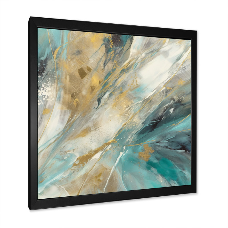 Golden Hour in Turquoise Waves IV - Art mural abstrait, Cadre photo noir, H 16 po x l 16 po x P 1 po