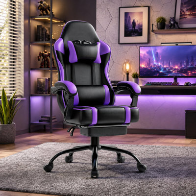 Fauteuil de jeu ergonomique mauve avec repose-pieds, soutien lombaire, appui-tête, hauteur réglable et base pivotante pour un travail de bureau ou de jeu confortable