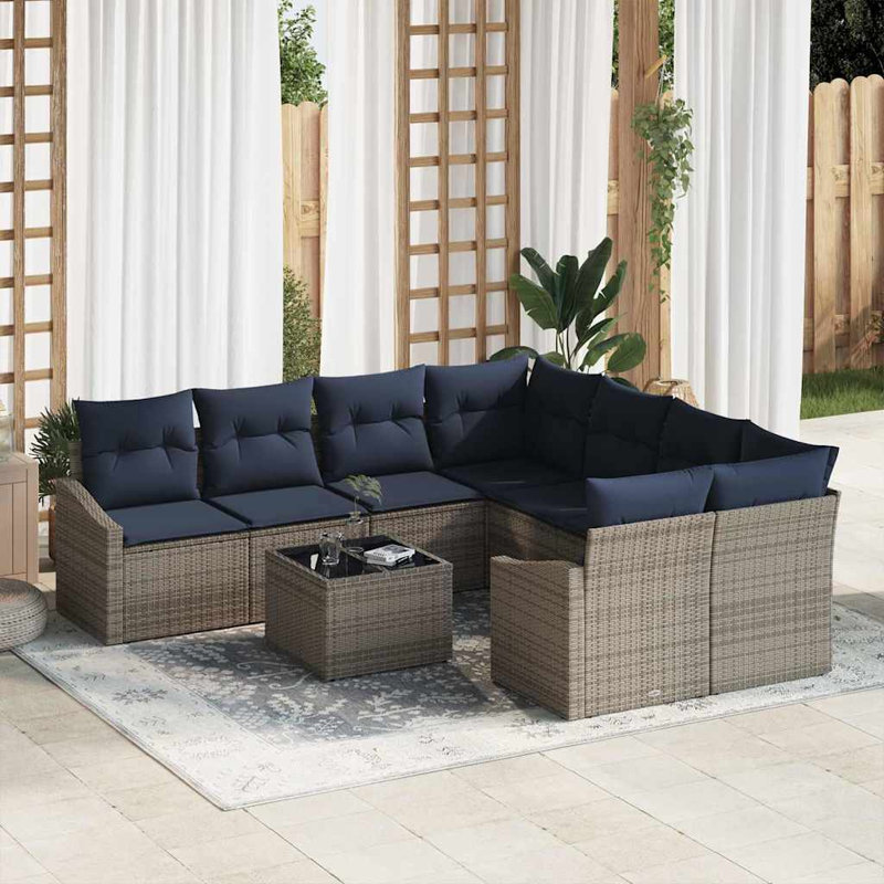  Sofa Set With Cushion 9 Pcs Grey And Navy Poly Rattan, Navy Blue Cushion/Grey Frame
