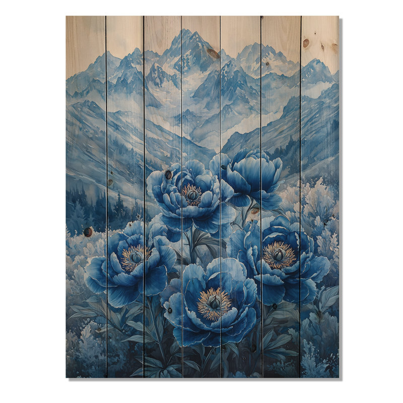 Pivoines bleues sur des sommets III - Art mural en bois pivoines - sur bois de pin naturel, H 20 po x l 10 po x P 0,78 po