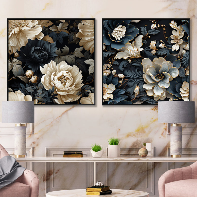 Ilyana - Ensemble de 2 collages carrés botaniques abstraits, Cadre flottant noir, H 16 po x l 33 po