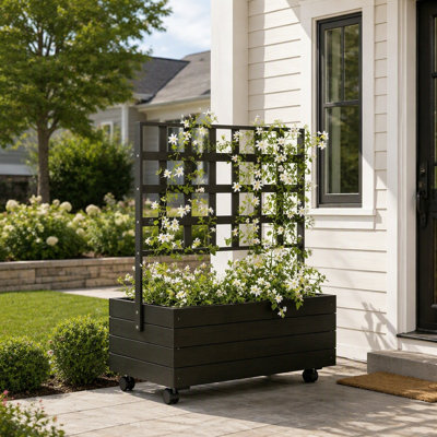 Lit de jardin surélevé en bois à double fonction avec treillis et roues portatives pour la plantation extérieure