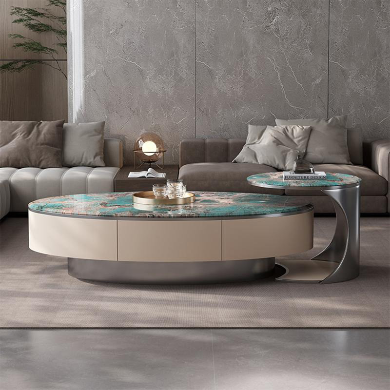 Light luxury oval marble coffee table, 15.7" H x 39.4" W x 23.6" D, Dark Gray