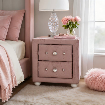 Reggie Upholstered Pink Fabric Nightstand with 2 Drawers, Glam Button Tufted Bedside Table with White Bun Legs – Storage End Table for Bedroom, Kids R