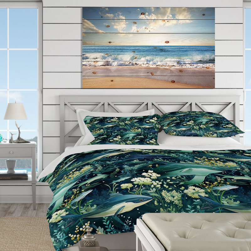 Ensemble de housse de couette Oceanic Whale Coastal Pattern, Housse de couette pour grand lit et 2 taies décor
