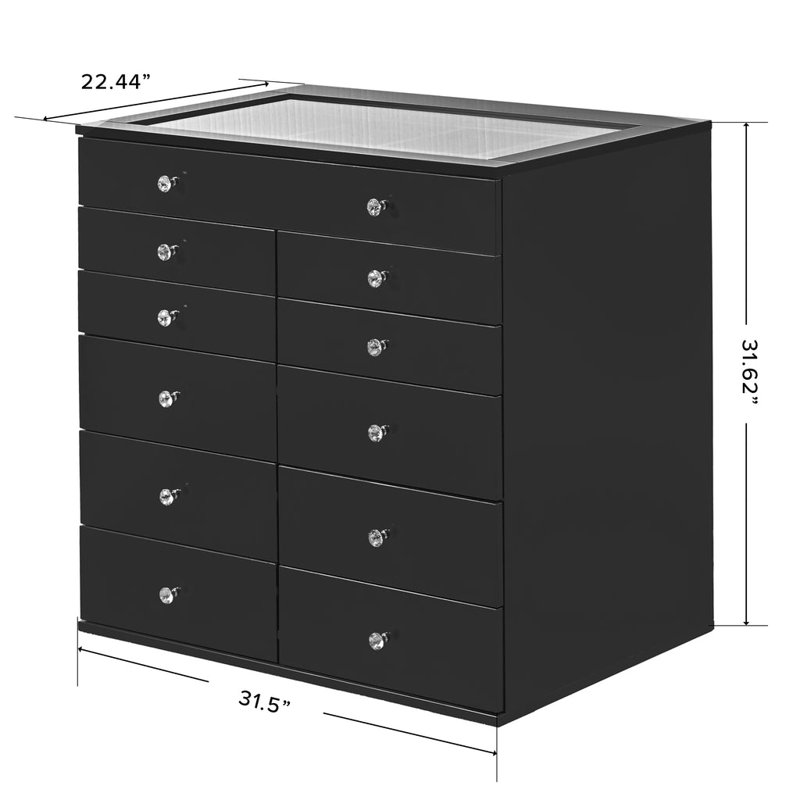 Storage Box with 11 Makeup Drawers, Crystal Lux Handles, Noir