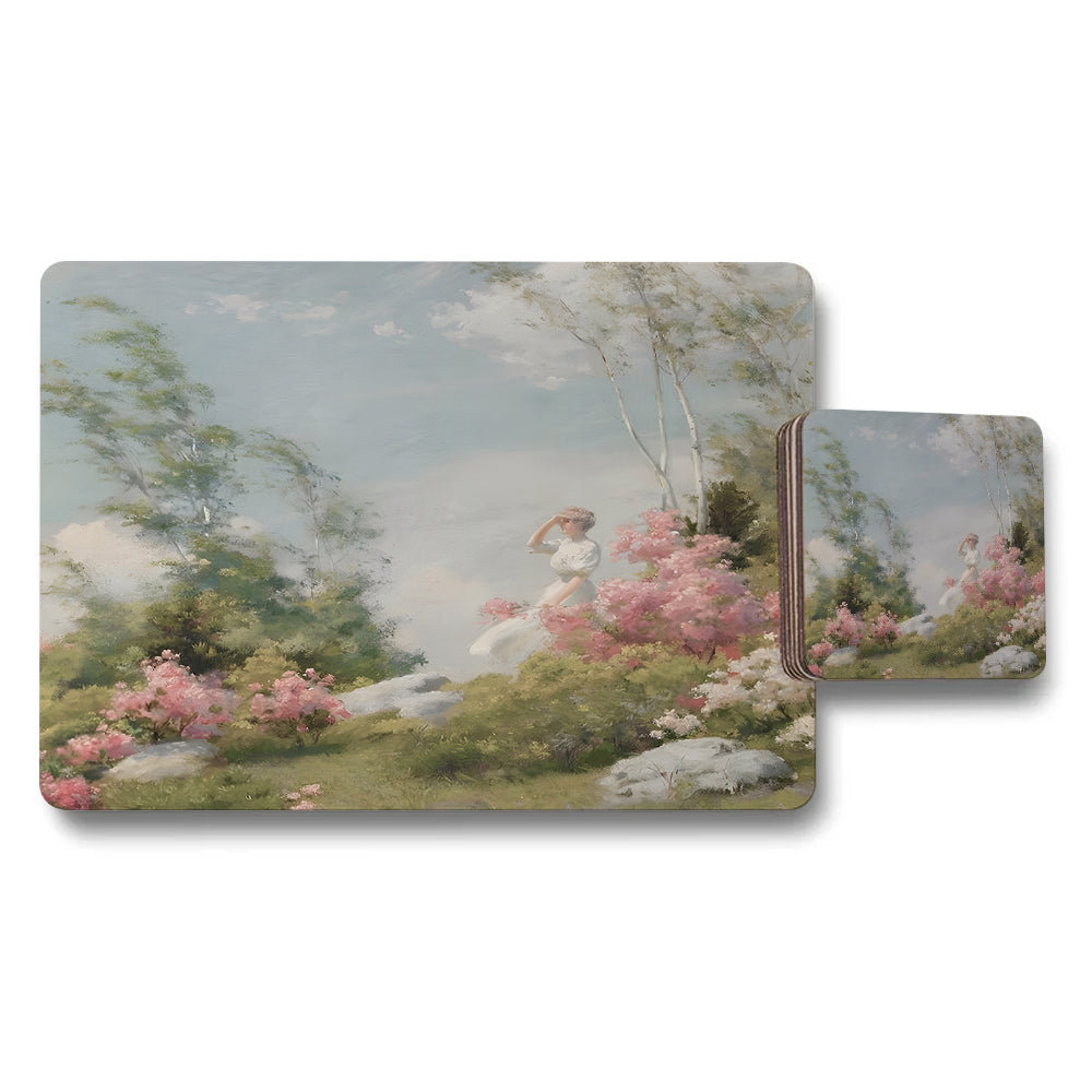 Floral Garden Scene Placemats And Coaster Set With Pink Blooms