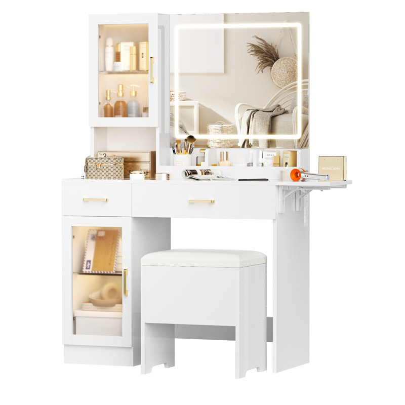 Coiffeuse avec miroir, station de charge, ensemble de table de maquillage avec armoires RVB et 3 modes d'éclairage DEL