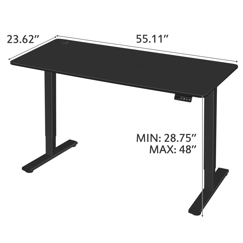 Bureau debout à hauteur réglable électrique Lakyia, Noir, H 48 po x l 55 po x P 24 po