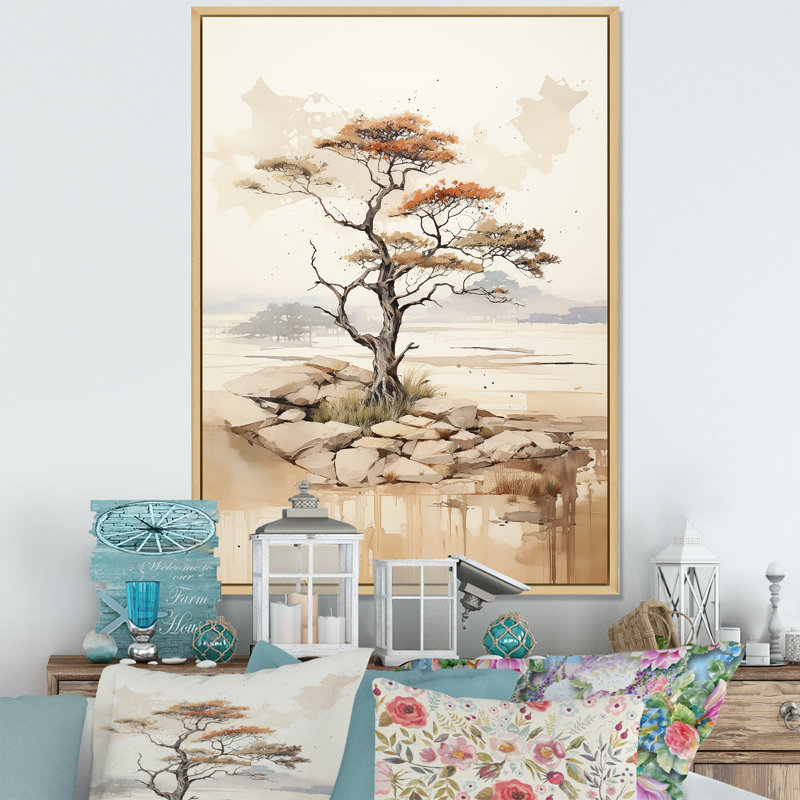 «Beige minimalisme», art mural africain, H 40 po x l 30 po x P 1,5 po, Cadre flottant brun