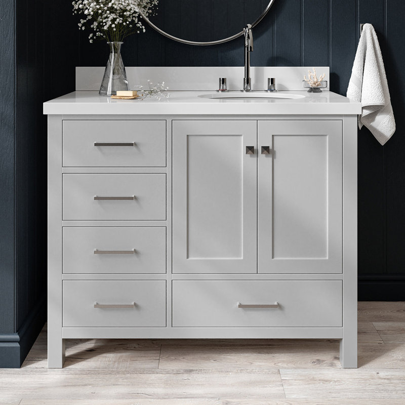 Meuble-lavabo simple en bois massif 43 po Cambridge avec plateau en quartz blanc pur 1,5 po Cambridge, Right, Oval, Gris