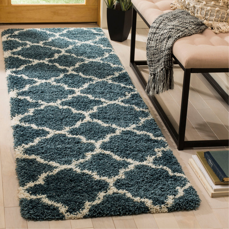 Darrold Shag Performance Geometric Rug, Runner 2'3" x 8', Slate Blue/Ivory