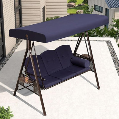 Balancelle de luxe à 3 places avec support et porte-gobelets, avec auvent et oreiller inclus, bleu marine Deluxe