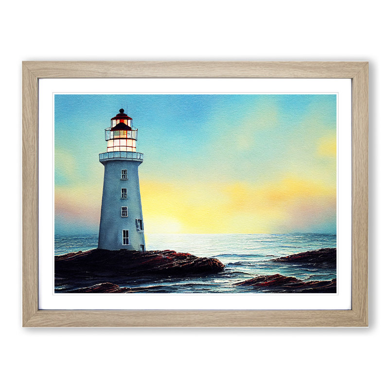 Watercolour Lighthouse Vol.3 1 Piece Single Picture Frame Wall Art, 34cm H x 46cm W x 2cm D, Oak