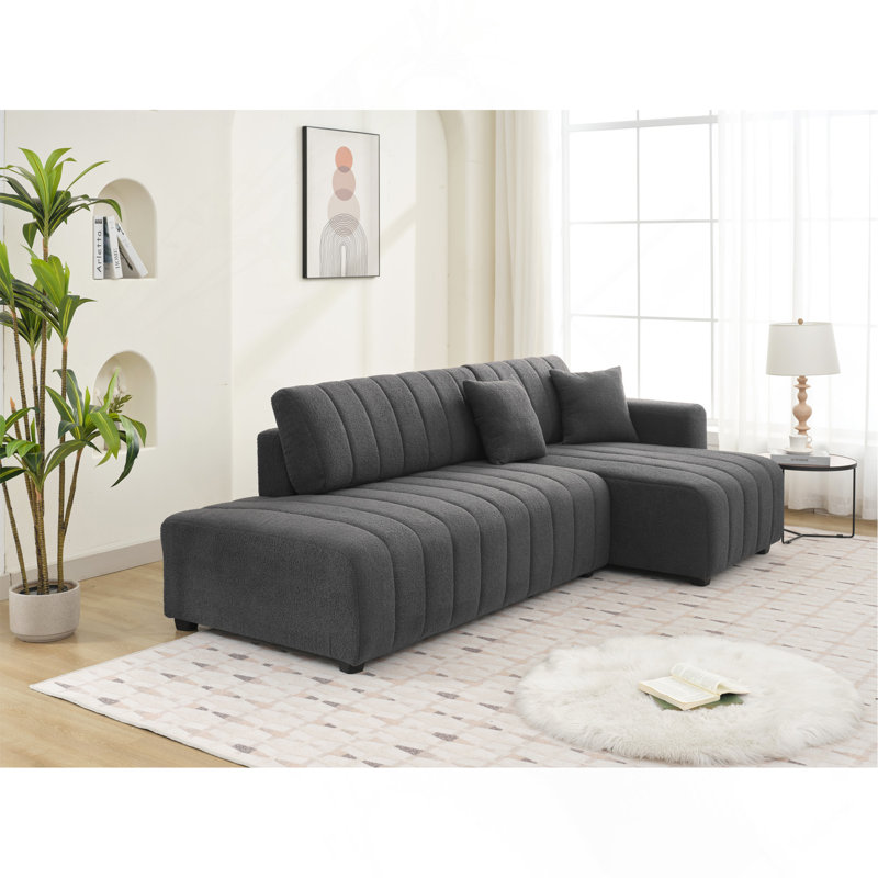 Canapé d'angle capitonné en forme de L Plush avec coussins décoratifs, Gris foncé