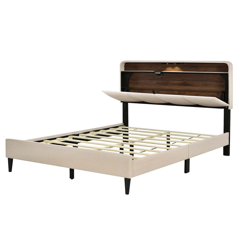 Upholstered Platform Bed Storage Bed, Beige, Full