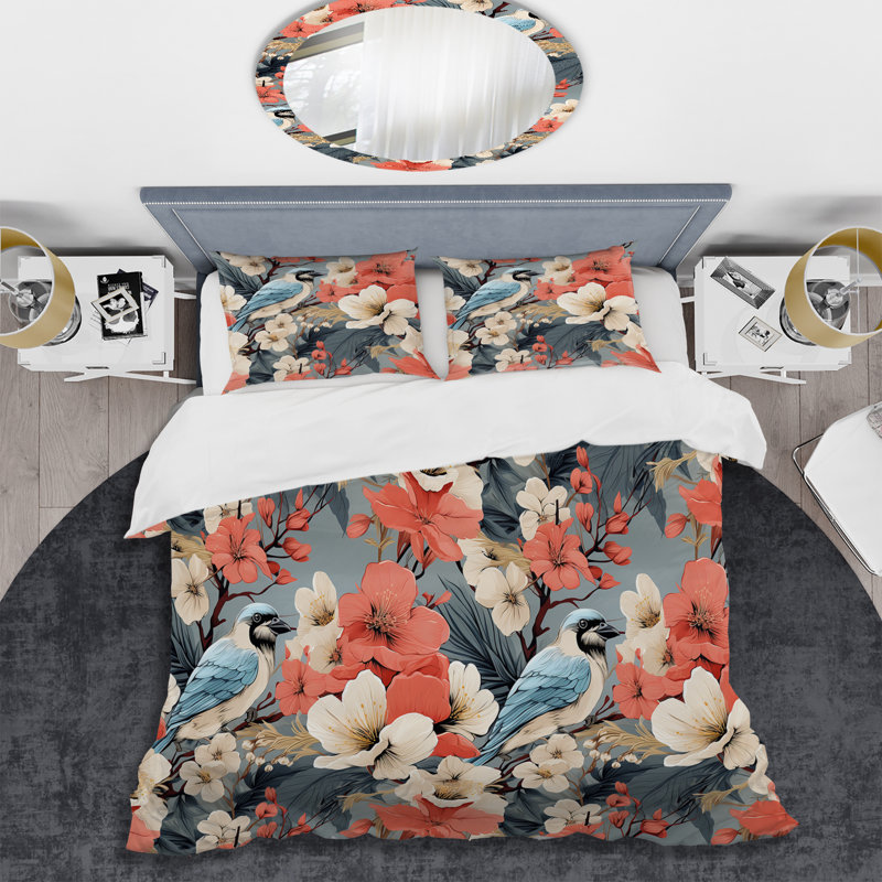 Gray and Coral Bird On Floral Brand - Ensemble de housse de couette floral, Housse de couette pour grand lit et 2 taies décor
