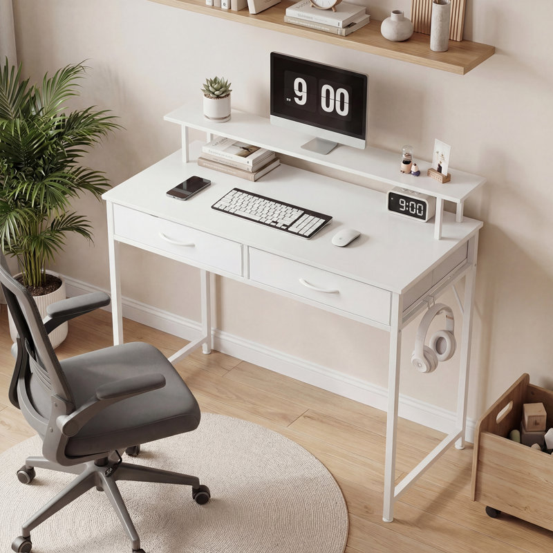 Bureau d'ordinateur blanc à 2 tiroirs, petit bureau à domicile avec tiroirs, bureau d'étude avec support pour moniteur