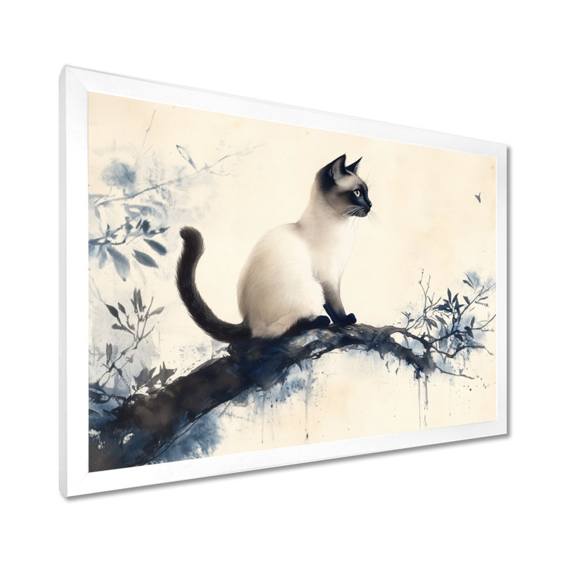 Chat siamois à l'encre - Portrait d'animal de compagnie encadré, H 12 po x l 20 po, White Picture Framed