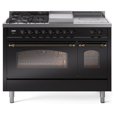 Cuisinière ILVE Nostalgie II Série 48 po à double combustible avec 5 brûleurs scellés, plaque de cuisson, table française (propane liquide, porte vitrée)