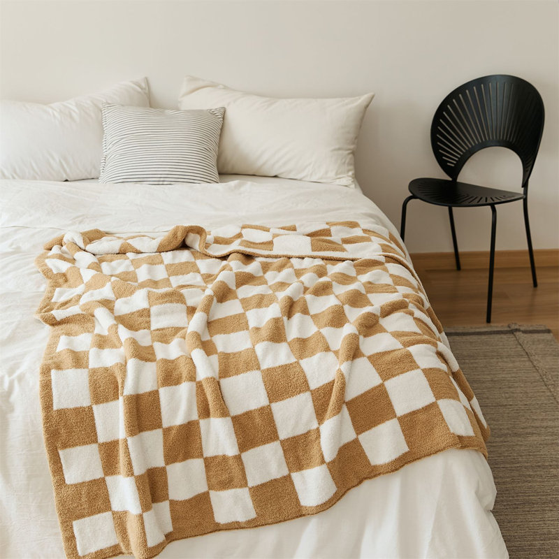 Jeté à carreaux en peluche rétro, Brun clair