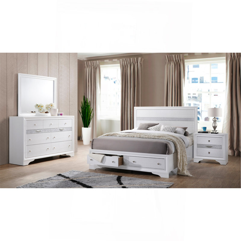 Ensemble de chambre à coucher 5 pièces avec rangement de style traditionnel en bois blanc, Blanc