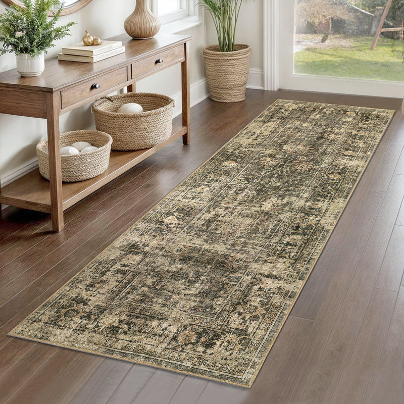 Machine Washable Rug Oriental Vintage Non-Slip Low Pile Rubber Backing Area Rug for Living Room Bedroom Kitchen Dining Room