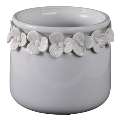 Planter Ceramic Round With Sculpted Floral Rim Detailing And Drainage Hole For Decorative Display Or Plant Support