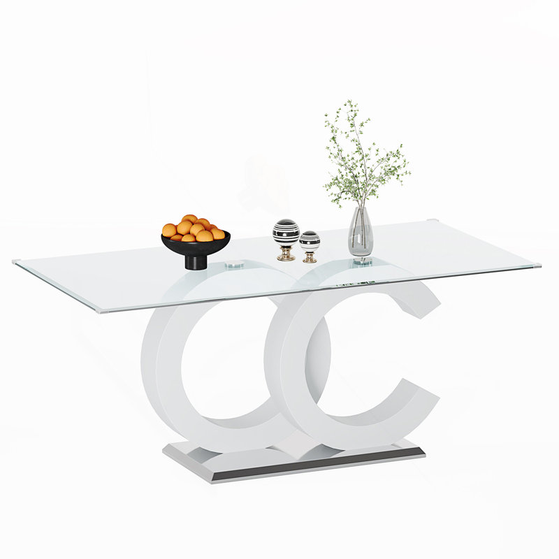 Table de salle à manger en verre trempé avec support central en panneau de fibres à densité moyenne et base en acier inoxydable pour un design moderne