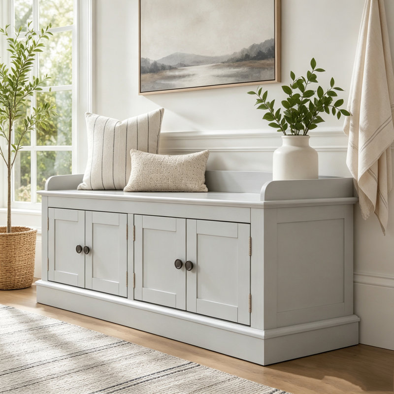 Banc de rangement avec 4 portes et tablettes réglables, Grey Wash