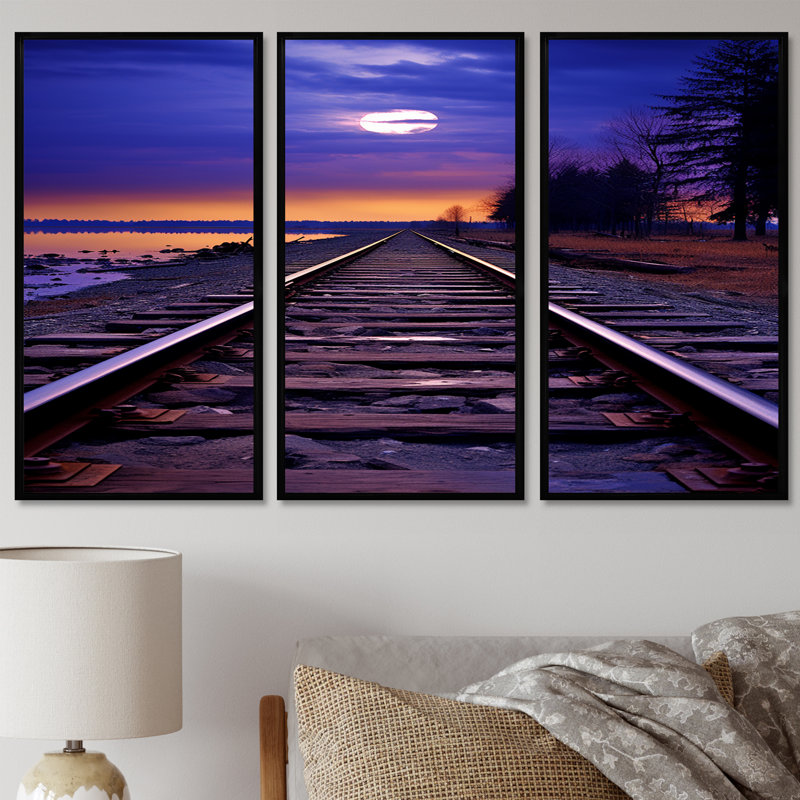 Ensemble de décorations murales mauves «Train Traces To The Full Moon», Cadre flottant noir, H 40 po x l 60 po x P 1 po