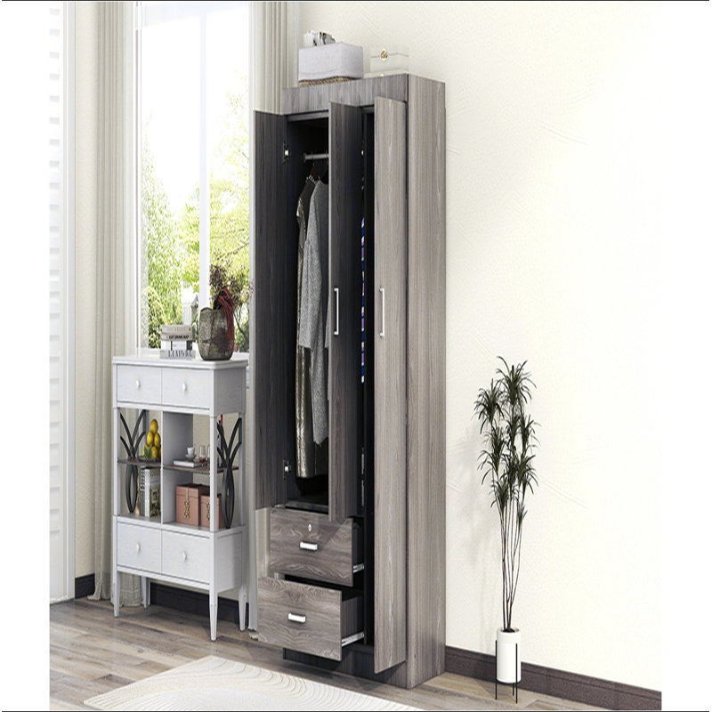Armoire 3 portes avec 2 tiroirs, effet grain de bois