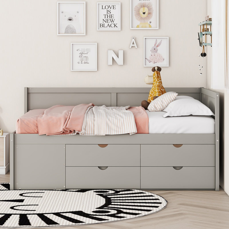Lit de jour avec tiroirs et tablettes, gris, pleine - stable, design élégant et gris, idées de rangement utiles, lit tendance