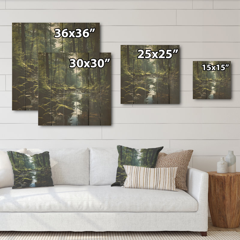Rivière, forêt, trésor caché, paysage IV - forêt, art sur bois de pin naturel, H 25 po x l 25 po