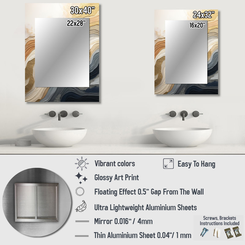 White And Blue Coastal Waves Fusion - Abstract Shapes Large Wall Mirror, Modern Unique Mirror, Printed Metal Art, 40" x 30"