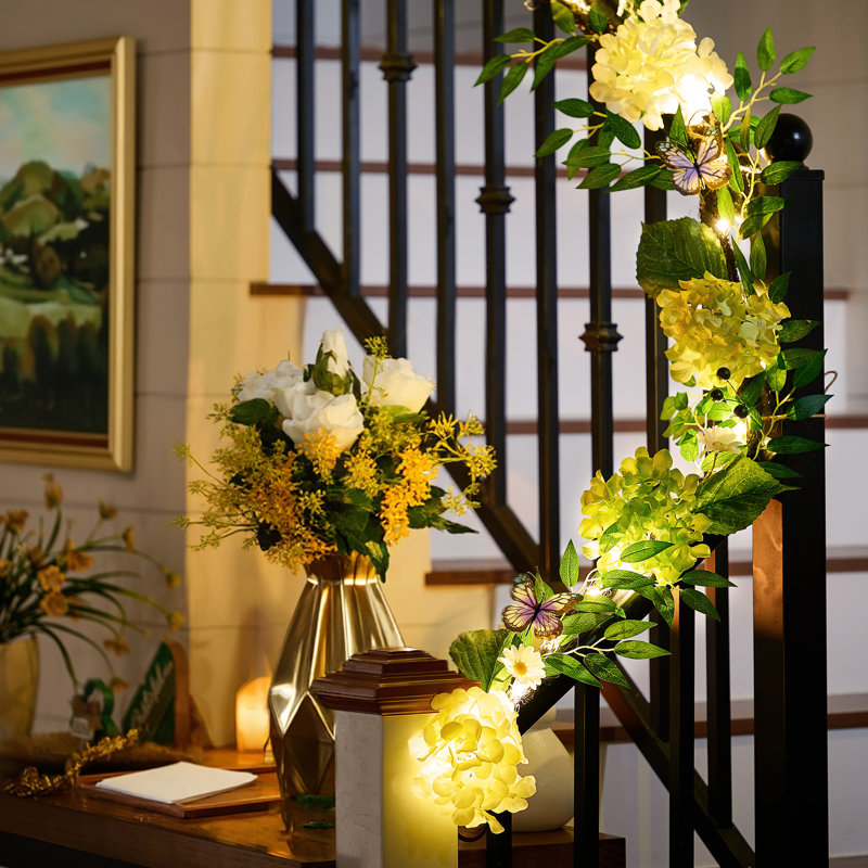 Guirlande Summerhydrangea artificielle pour manteau de cheminée avec lumières et minuterie  , L 6 pi, Vert/blanc