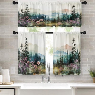 Ensemble de rideaux de cuisine pour fenêtres, ensemble de 3, motif forêt, montagnes, fleurs, aquarelle, arbres, à œillets, style café