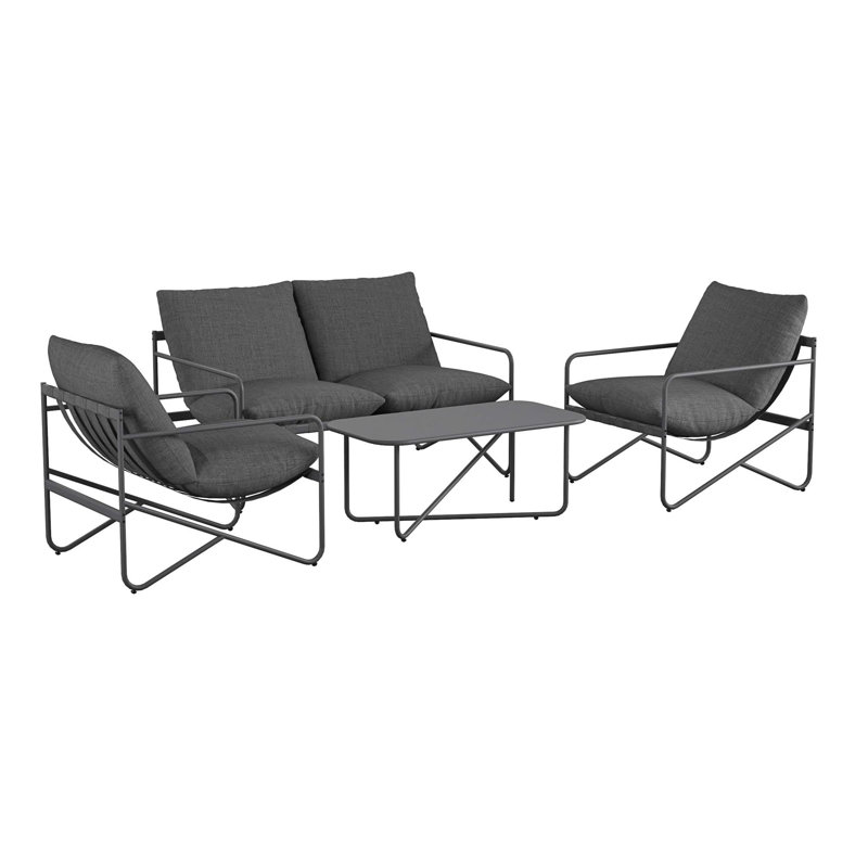 Wrenn 4-Piece Sling and Cushion Conversation Set, Charcoal