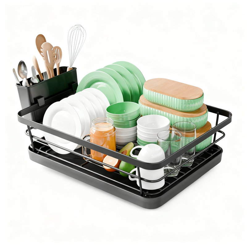 Égouttoir à vaisselle compact avec porte-ustensiles et bec verseur réglable, organisateur de comptoir de cuisine à l'épreuve de la rouille et peu encombrant