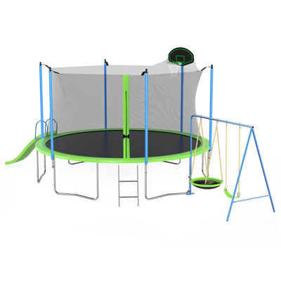 Trampoline with Slide and Swings with Basketball Hoop and Ladder ,Net,Outdoor ASTM Approved Large Recreational Trampoline