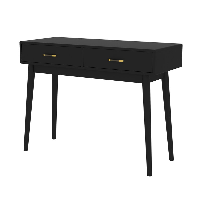 39" Small Space Desk & Vanity, Solid Wood 2-Drawer Compact Black Desk , Black