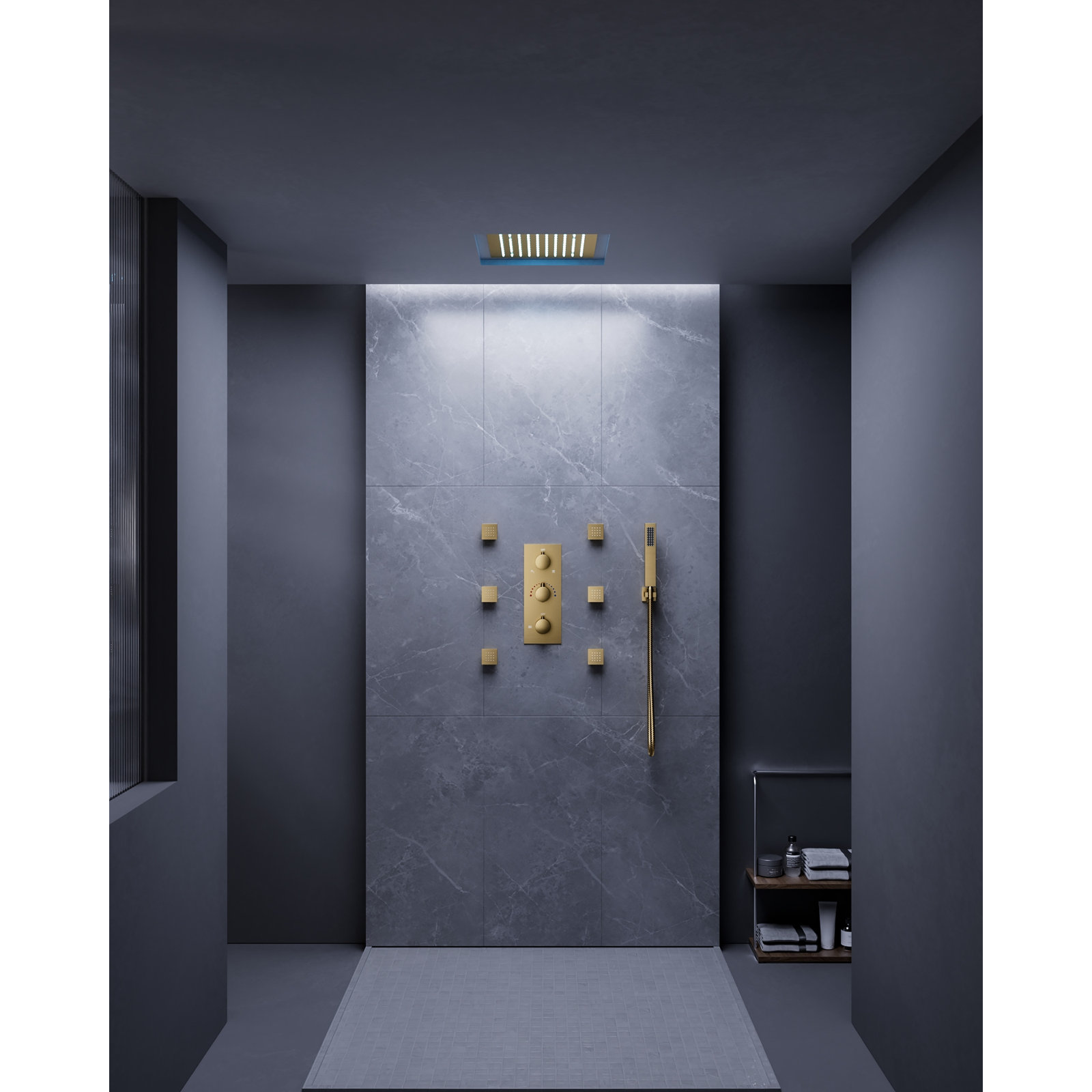 12" Thermostatic LED Rainfall Shower System, Brushed Gold