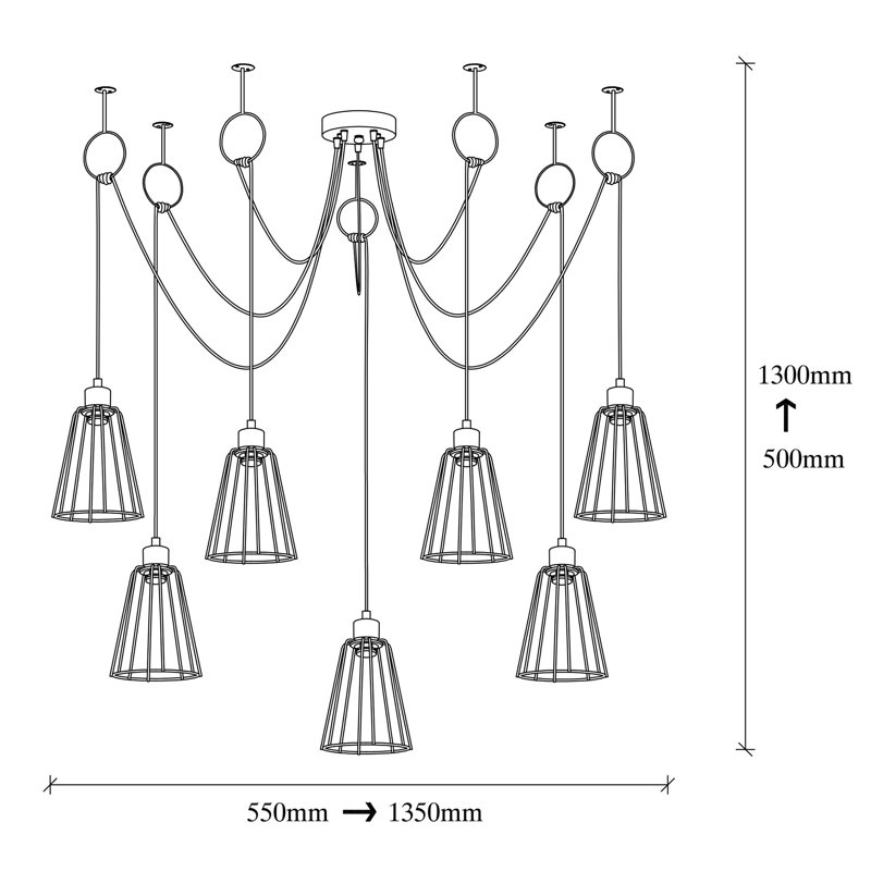 Lustre industriel noir, 53,1 po de diamètre x 51,2 po de hauteur | Corps en fer durable, hauteur réglable, 7 x E27 Max 40W | Design élégant et nostalgique pour les maisons modernes, classé IP20, parfait pour la salle à manger et le salon