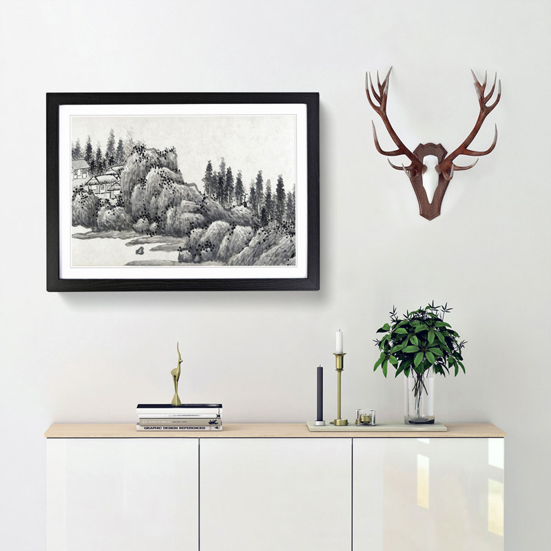 Landscape Vol.12 by Shen Zhou - Picture Frame Drawing Print, 27cm H x 36cm W x 2cm D, Black Framed