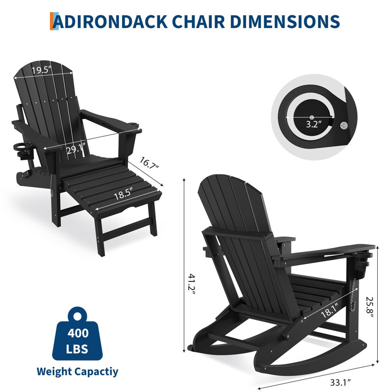 HDPE All-Weather Outdoor Patio Folding Adirondack Rocking Chair with Retractable Ottoman & Dual Cup Holders, Ergonomic Rocker for Porch, Deck, Backyard, Poolside