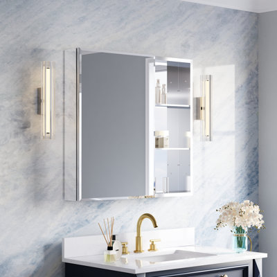 32''W X 30" H Recessed or Surface Wall Aluminum Bathroom Beveled Mirror  Medicine Cabinet And Open Shelf Set