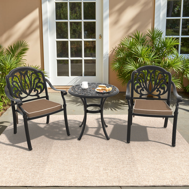 2-Person Round Outdoor Patio Dining Set with Brown Cushions, 2