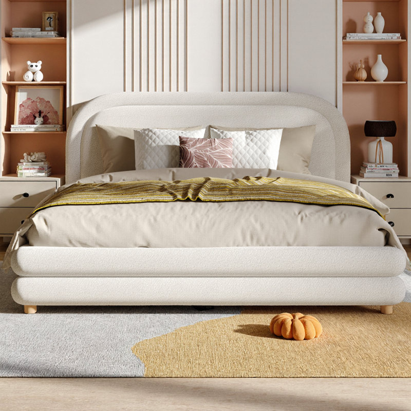 Structure de lit plateforme avec tête de lit courbée rembourrée Boucle, pieds en bois massif, lit blanc élégant au design arqué, capacité de 800 lb, aucun sommier requis, assemblage rapide