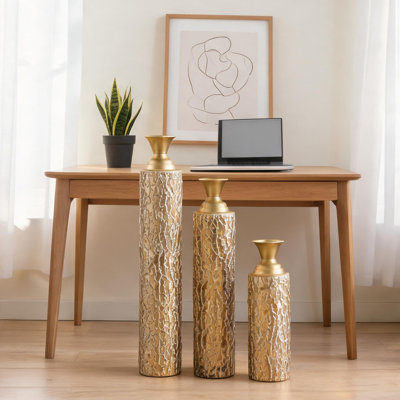 Hauts vases et pots de centre de 34 pouces avec ensemble de 3 vases de plancher en métal doré antique avec décor de salon